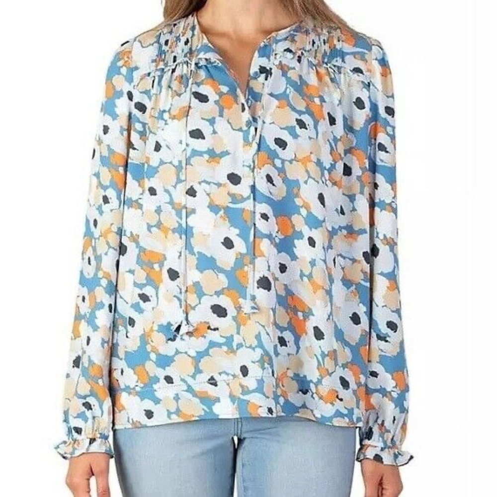 JOIE Floral Fields Blue and Orange Peasant Blouse Medium